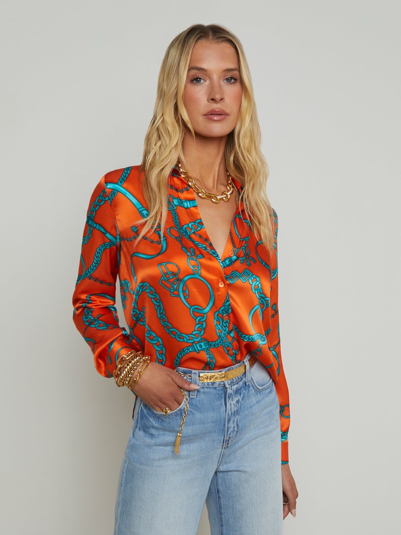Nwt L'agence Buckle Chain Tyler Silk Blouse In Orangeteal Buckle Chain